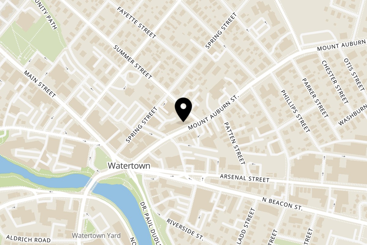 Map showing the location of Badam Uyghur Cuisine on 58 Mt Auburn St in Watertown